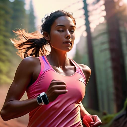 Cardio runner sprinting through sunrise landscape